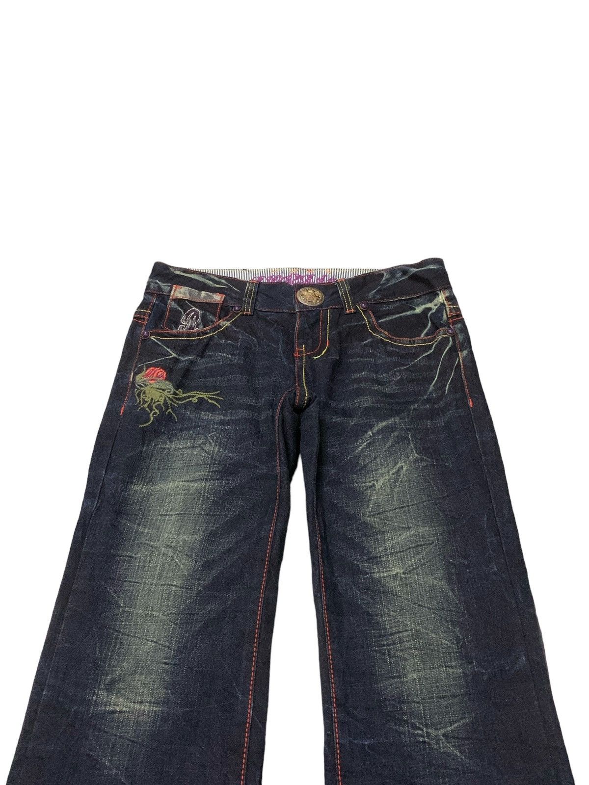 Ed Hardy × Japanese Brand Riobera Japan Embroidered Skull Tattoo Flared Denim Pants Size US 30 / EU 46 - 8 Thumbnail