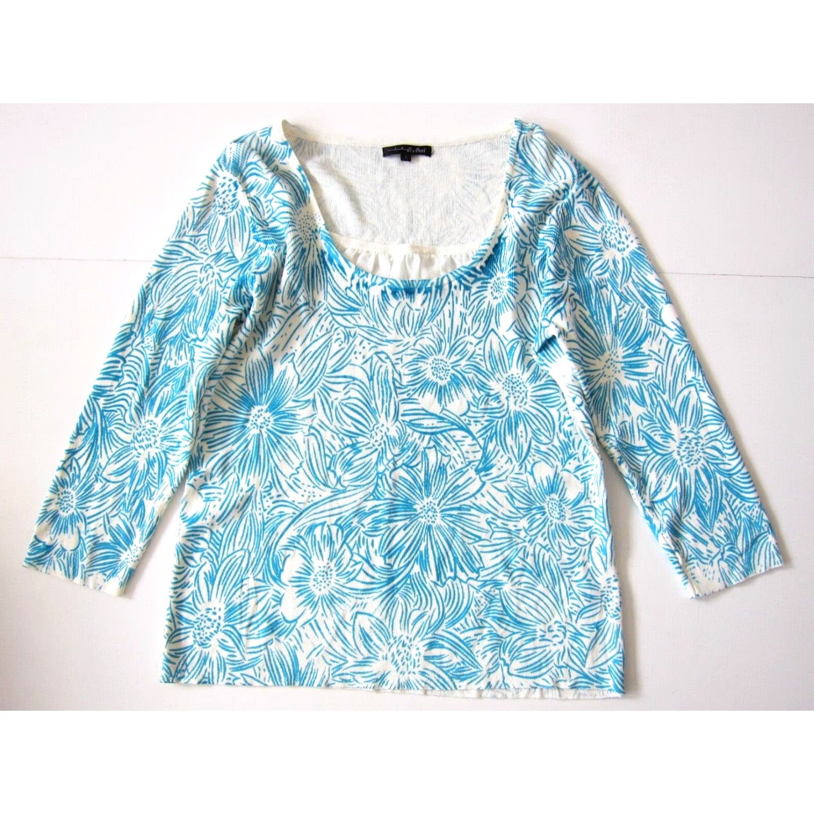 Vintage VINTAGE Pierri New York Blue Ivory Floral Stretch Scoop Neck 3/4 Sleeve Sweater Large Size L / US 10 / IT 46 - 7 Thumbnail