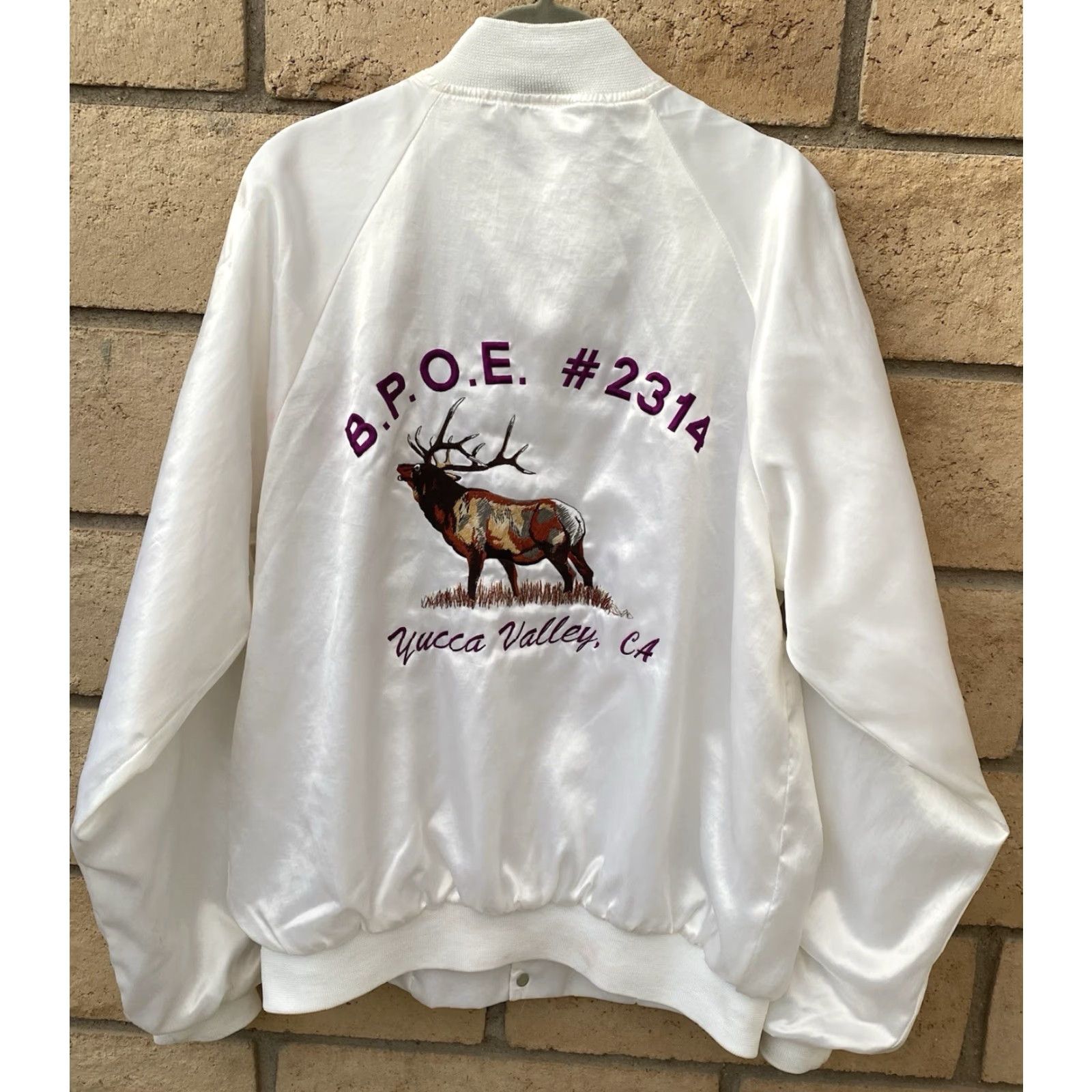 Vintage VINTAGE Hartwell Sports Jacket Elks Bomber Satin Satin Jacket White USA Large L Men Stand-Up Collar Embroidered Yucca Valley CA Elk Sports Vintage Size US L / EU 52-54 / 3 - 7 Thumbnail