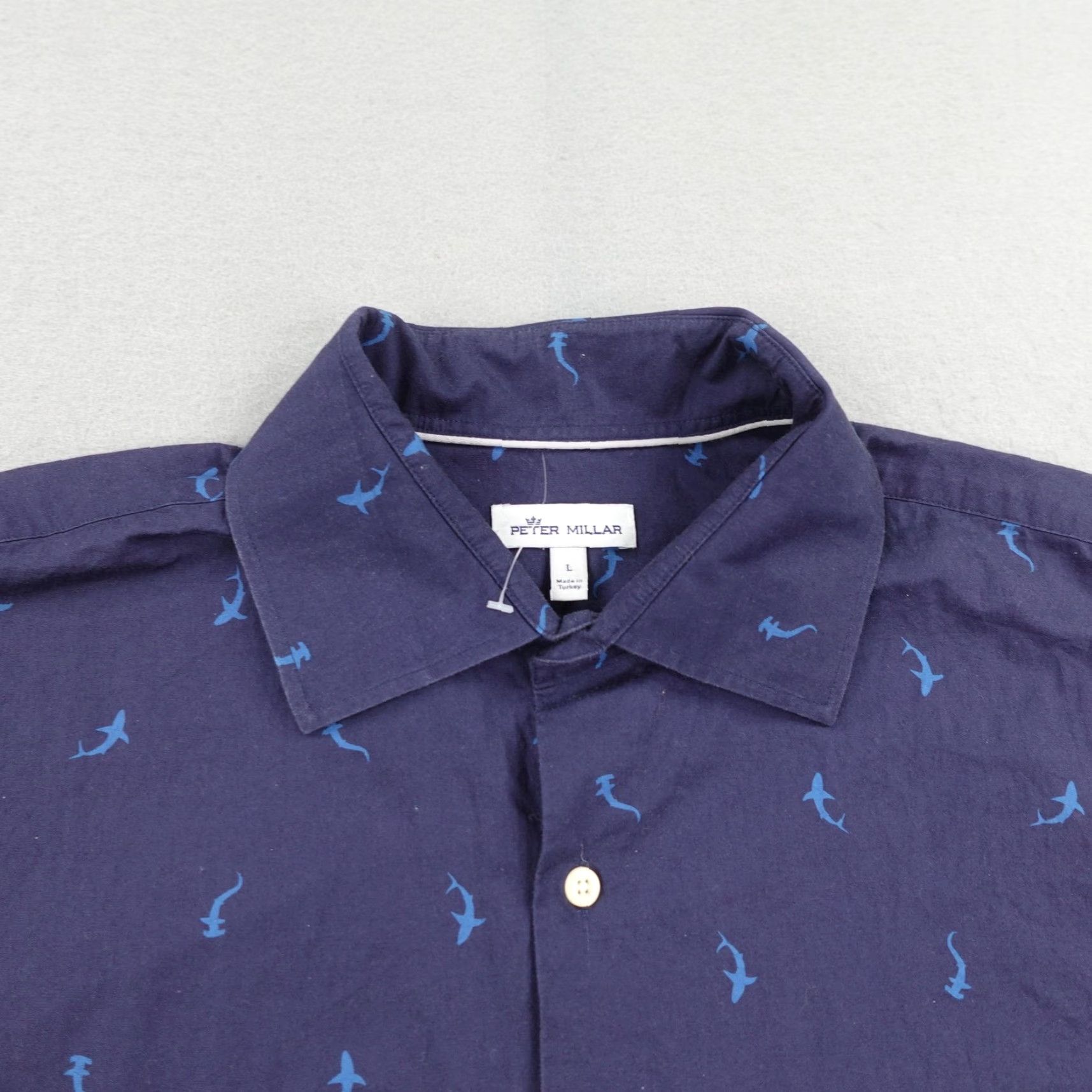 Peter Millar VINTAGE? (No) Peter Millar Shirt Men Large Navy Blue Shark Print Performance Flex Button-Up Short Sleeve Adult Large Blue Shark Beach Casual Travel Size US L / EU 52-54 / 3 - 2 Thumbnail