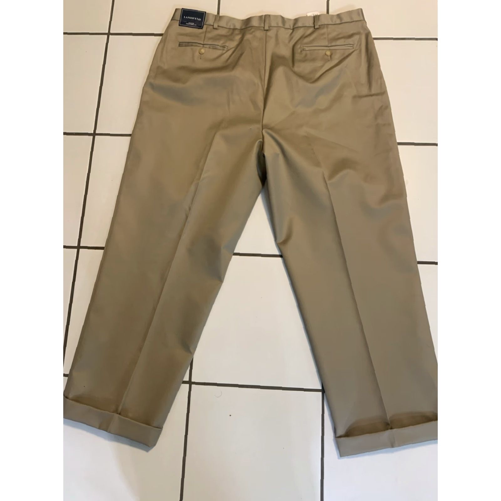 Lands' End Lands' End Men’s 42L Chino Pants Khaki Beige Pleated, Cuffed, Belted, Pockets, Straight Leg, 60% Cotton 40% Polyester, Machine Washable, Big & Tall Size US 42 / EU 58 - 3 Thumbnail