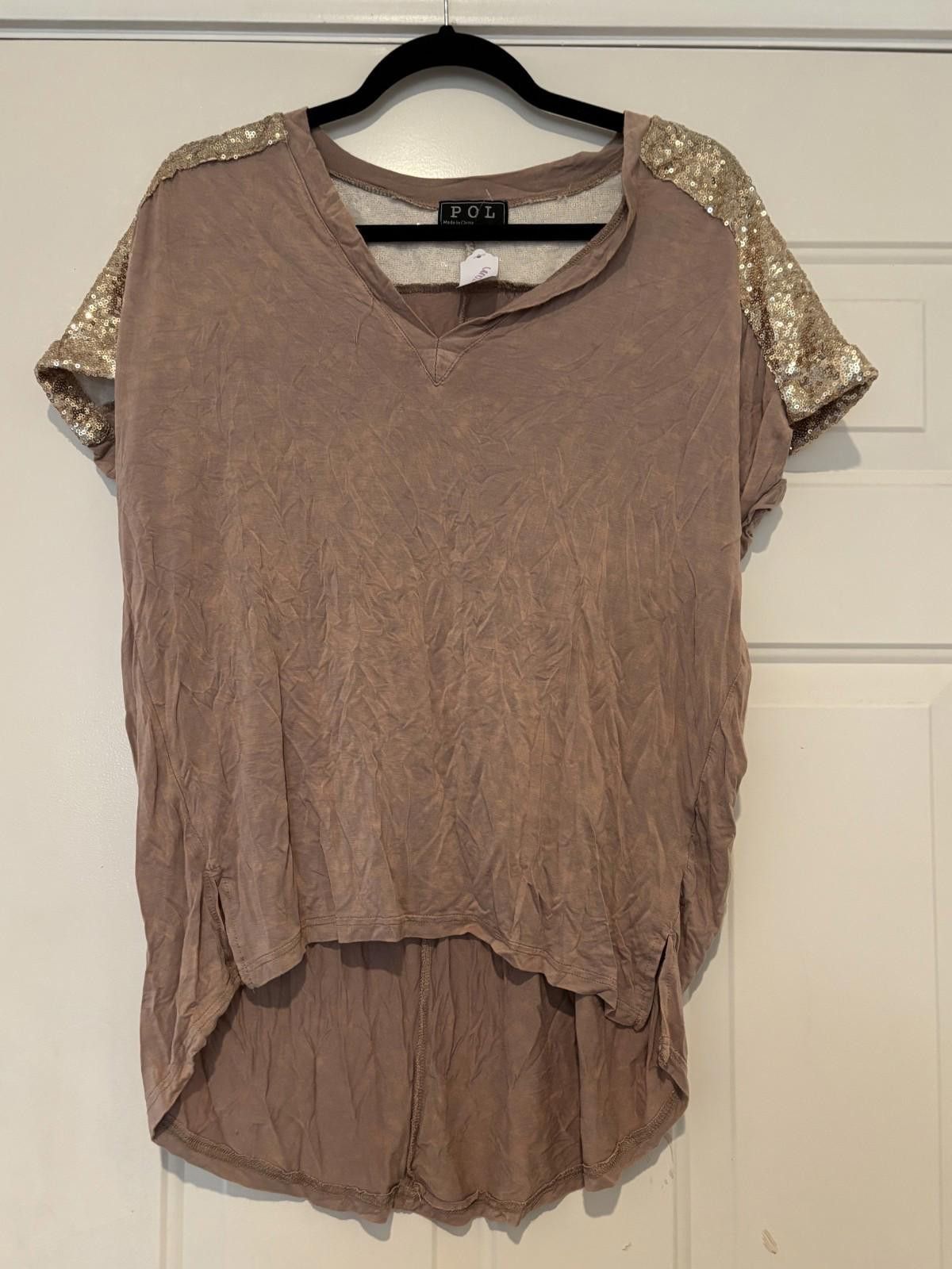 Polo Ralph Lauren Womens sz S brown/blush sequin POL short sleeve shirt #612 Size S / US 4 / IT 40 - 1 Thumbnail