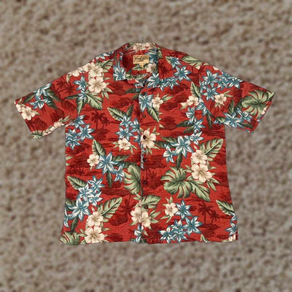 Havana Jack's Cafe Shirt Men Large Red Floral Hibiscus 100% Silk Hawaiian Beach