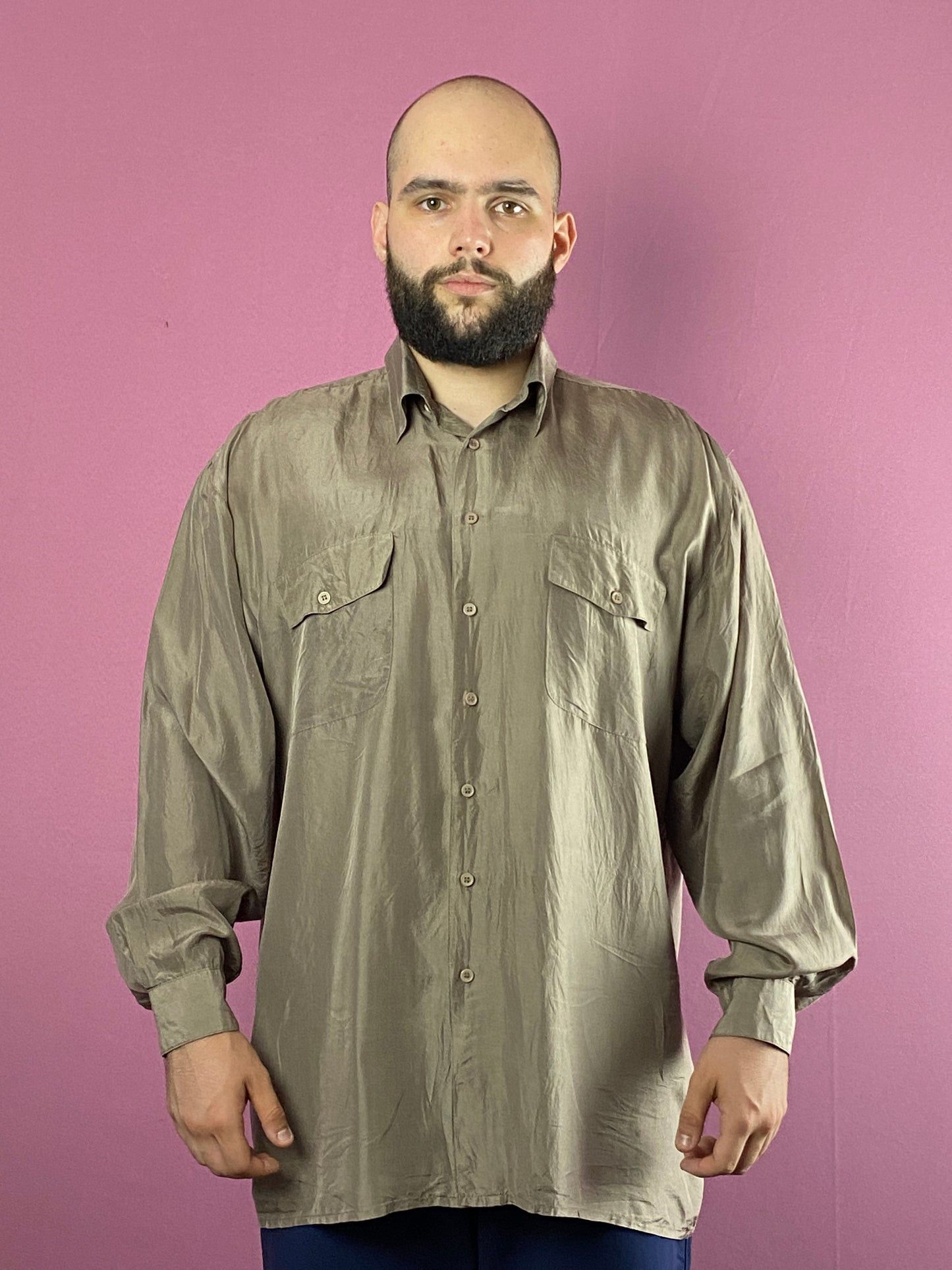 Designer × Vintage 90s Vintage Men's Shirt - L Brown Silk Size US L / EU 52-54 / 3 - 2 Thumbnail