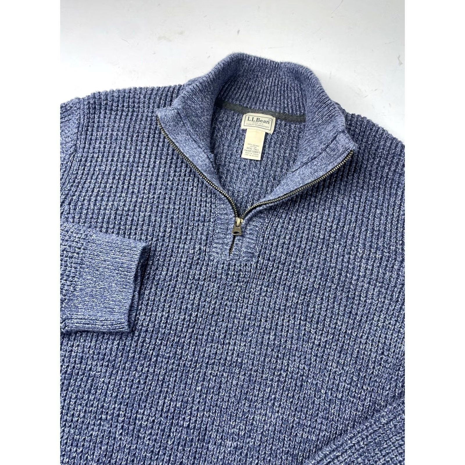 Vintage L.L. Bean Sweater 1/4 Zip Waffle-Knit Heavy Mens 3XLT Blue Cotton Mock Neck Pullover Big & Tall Size US XXL / EU 58 / 5 - 2 Thumbnail
