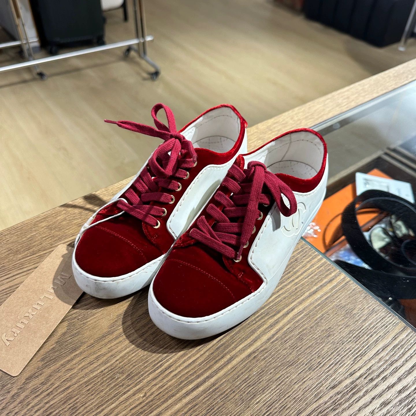 Chanel Chanel feb156 velvet red-white logo sneakers women's Size US 4 / IT 34 - 1 Thumbnail