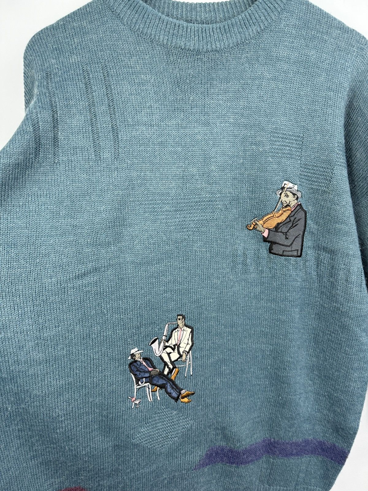 Jazz Cartier 🇺🇸 Vintage 90s Jazz Music Saxophone Violin Knit Sweater Retro Size US XL / EU 56 / 4 - 4 Thumbnail