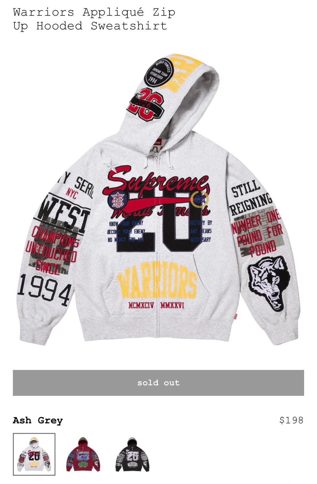 Supreme Supreme Warriors Appliqué Zip Up Hoodie Size US XL / EU 56 / 4 - 2 Thumbnail