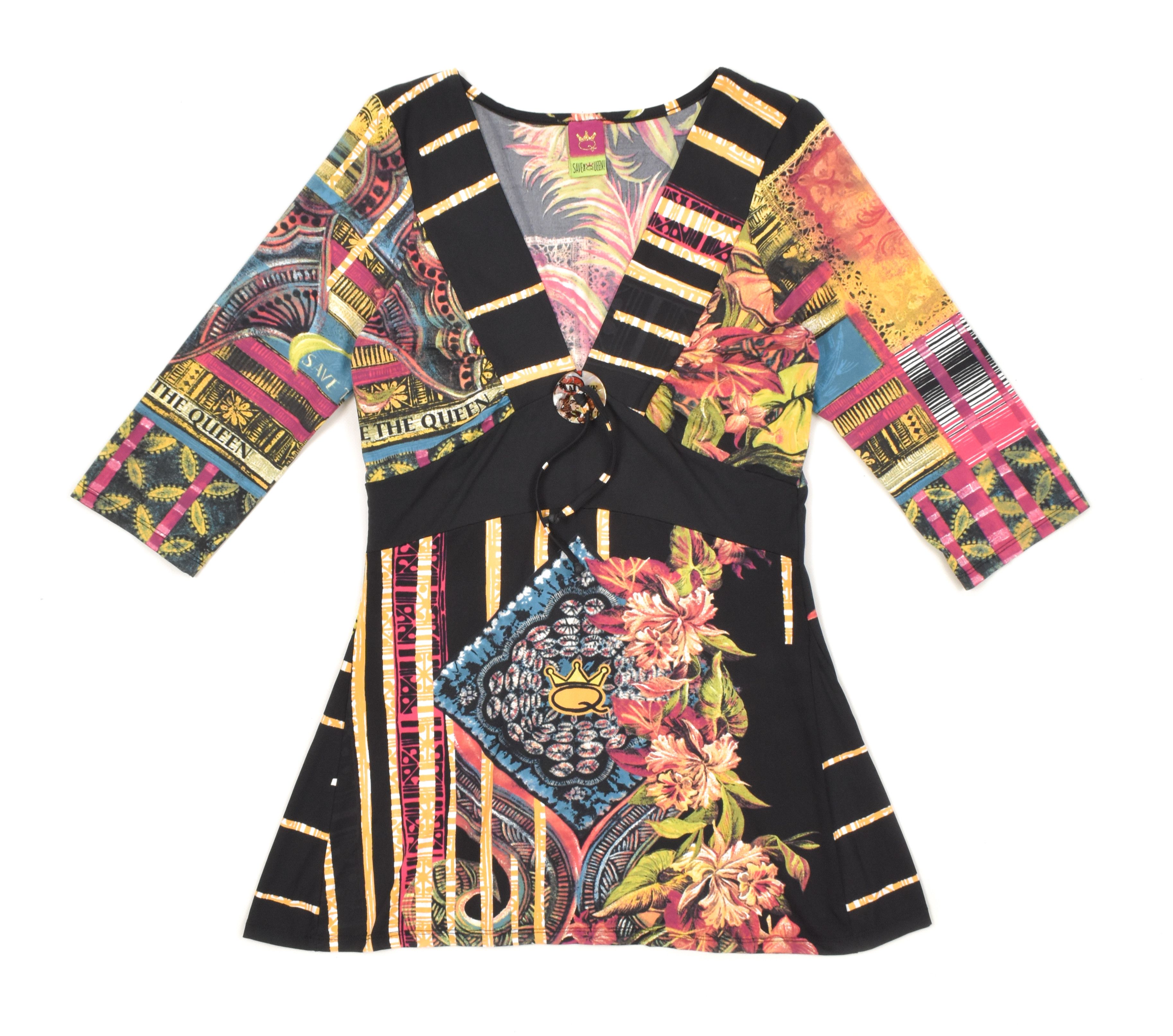 SAVE THE QUEEN Floral Abstract Print Tunic Top Stretch Y2K