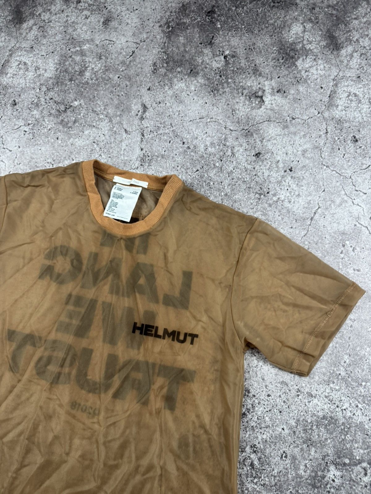 Helmut Lang Helmut Lang Logo Graphic Sheer T-shirt in Beige Polyamide Size US S / EU 44-46 / 1 - 5 Thumbnail
