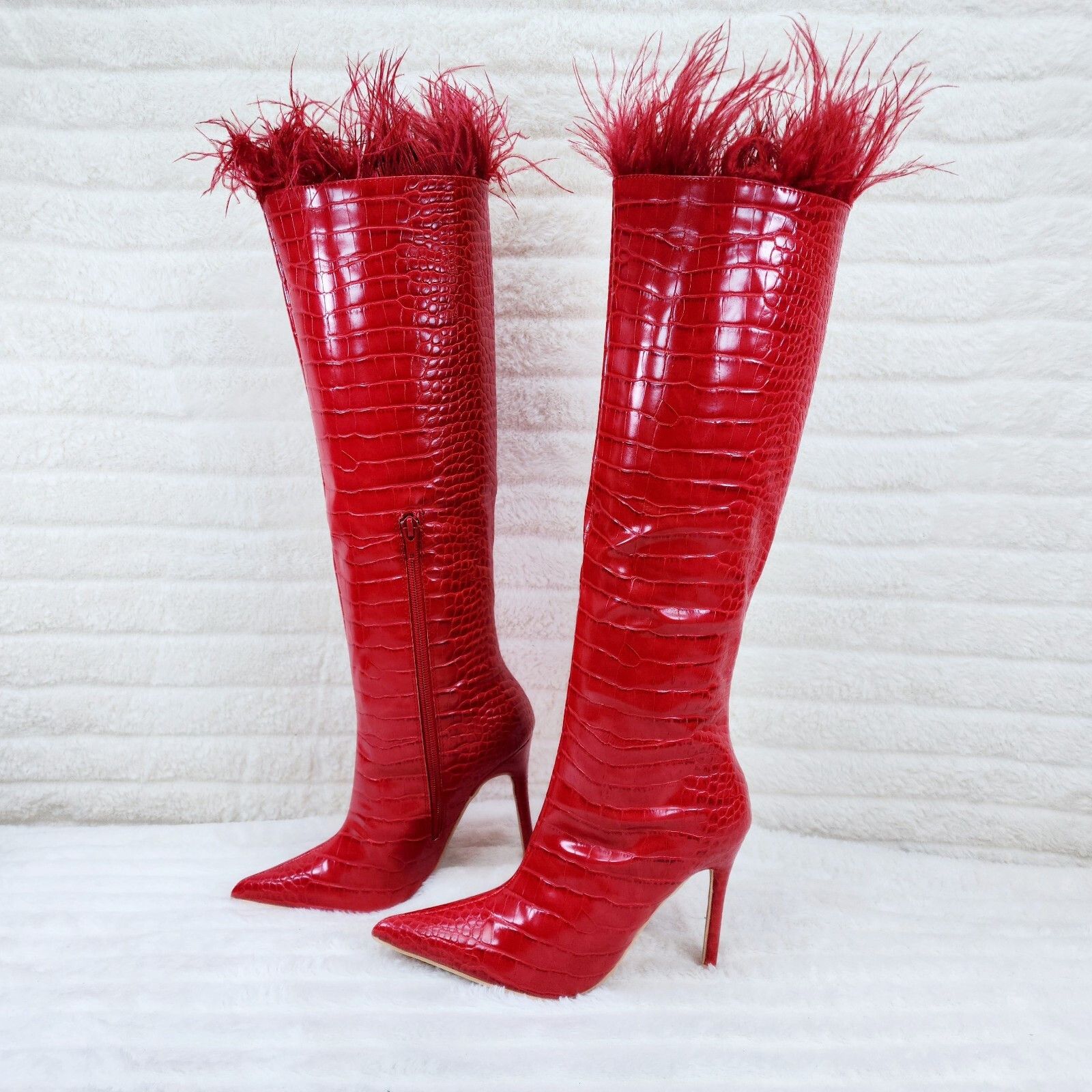 Flirty Red Snake Texture Knee High Heel Stiletto Boots Sexy