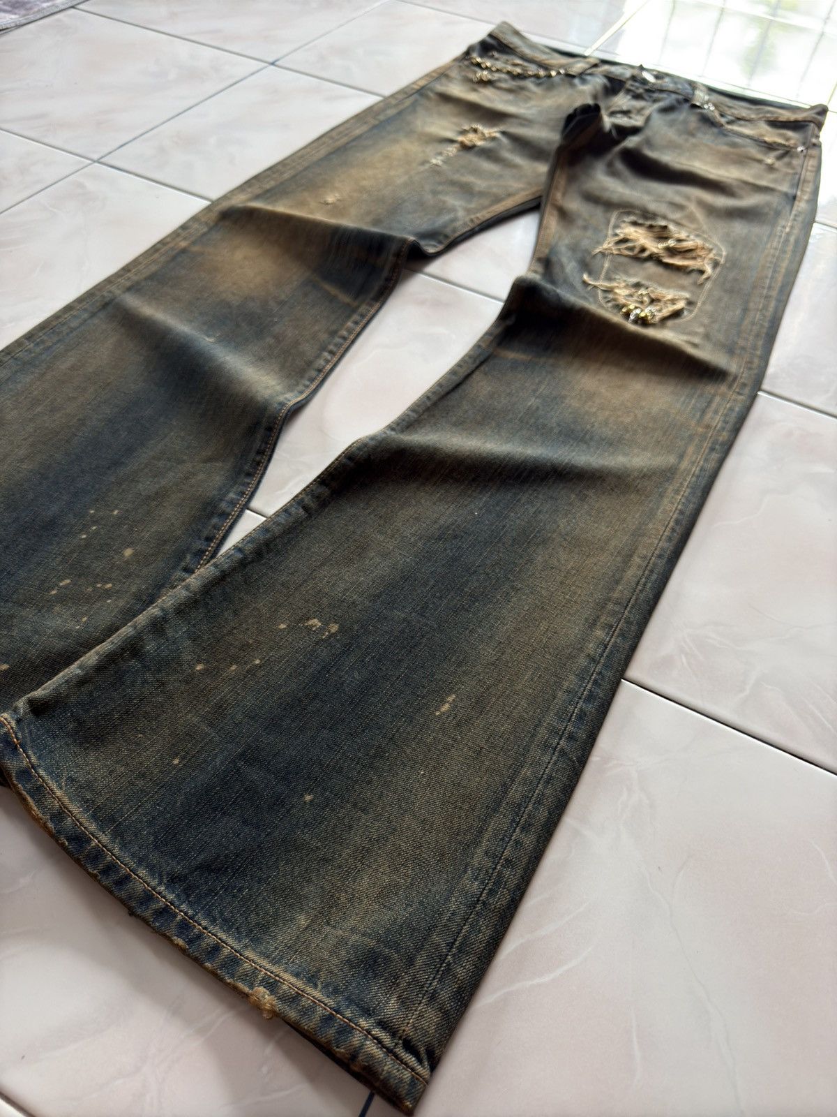 If Six Was Nine Rare Edwin 535 Pierced & Studs Heavy Mud Wash Flared Jeans Size US 32 / EU 48 - 16 Thumbnail