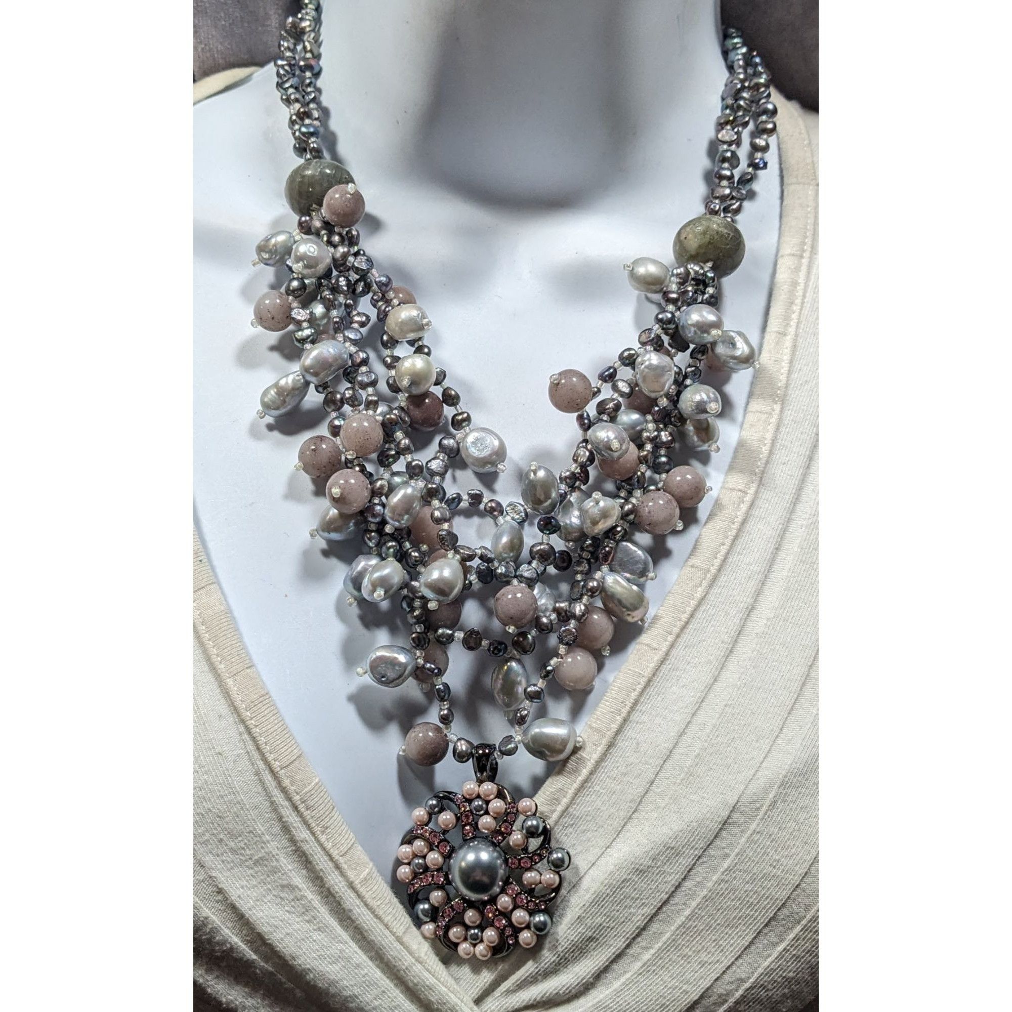 Other Vintage Elegant Pearl And Agate Beaded Floral Pendant Bib Ne Size ONE SIZE - 2 Thumbnail