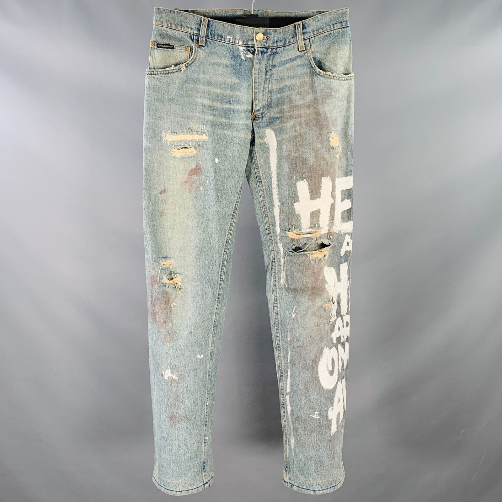 Dolce & Gabbana Heaven and Hell Blue White Hand Painted Denim Straight Size US 33 - 1 Thumbnail