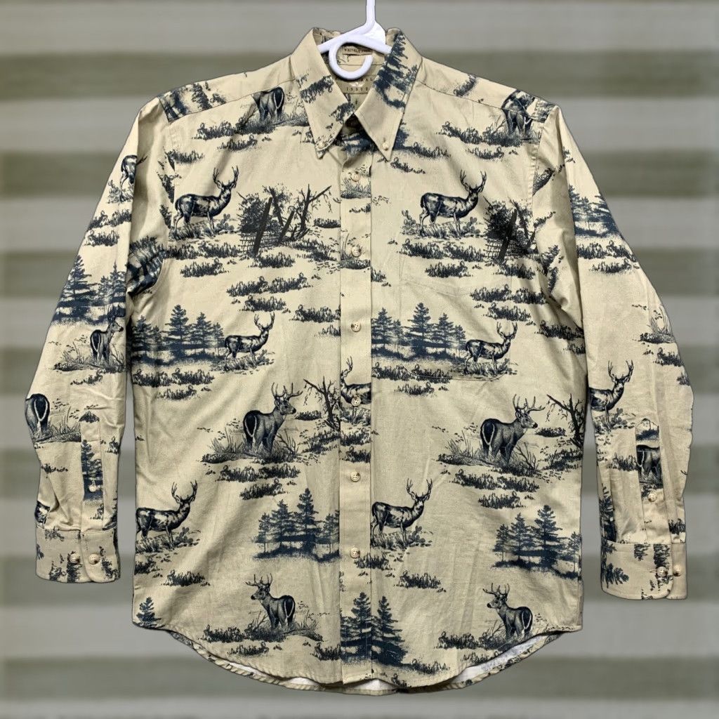 Vintage Natural Issue Shirt Men Button-Up Wrinkle Free 1 Pocket Black Tan Drk Green Woods & Deer Casual Size US S / EU 44-46 / 1 - 1 Thumbnail