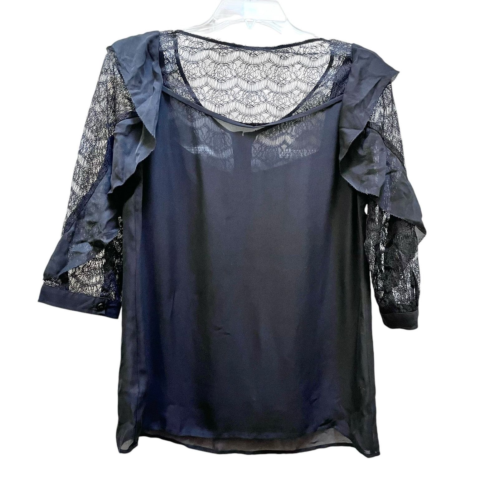 Rebecca Minkoff Rebecca Minkoff Black Silk Lace 3/4 Sleeve Henley Blouse Size S / US 4 / IT 40 - 5 Thumbnail