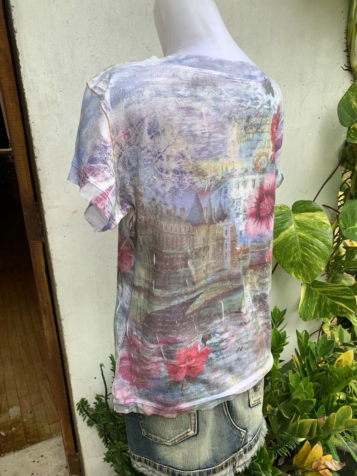 Japanese Brand y2k Caia USA Floral and City View Art Multifabric Blouse Size L / US 10 / IT 46 - 2 Thumbnail