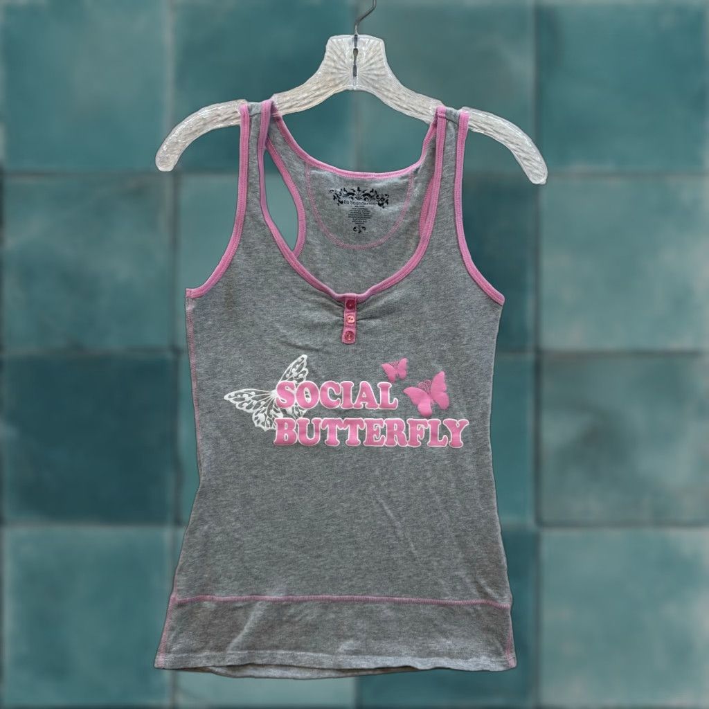 Vintage VINTAGE Y2K/ Social Butterfly Camsiole Pajama Tank Top Medium Grey Pink Henley Shirt Girls Size M / US 6-8 / IT 42-44 - 1 Thumbnail