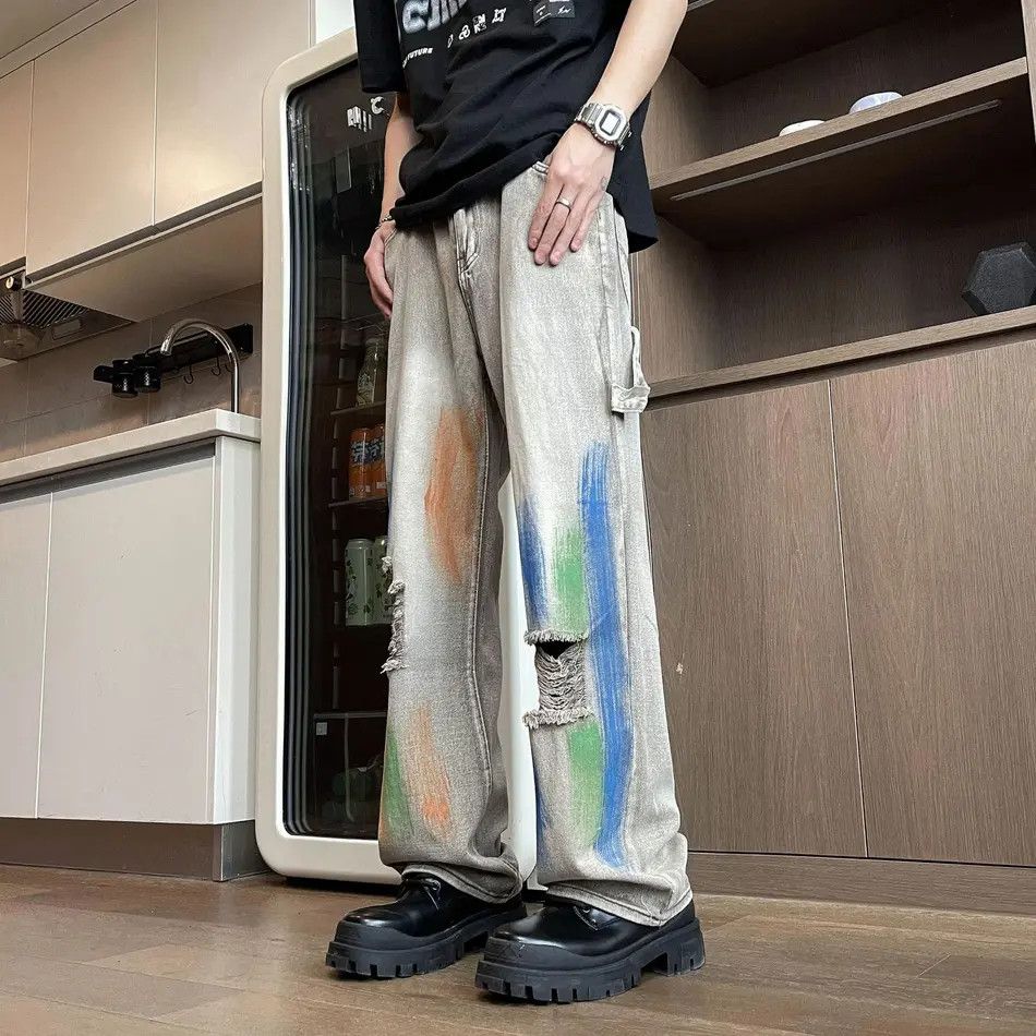 Japanese Brand Retro loose tie dye graffiti ripped jeans Size US 32 / EU 48 - 6 Thumbnail