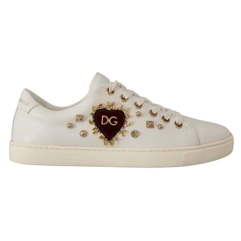 Dolce Gabbana White Leather Gold Red Heart Sneakers Shoes