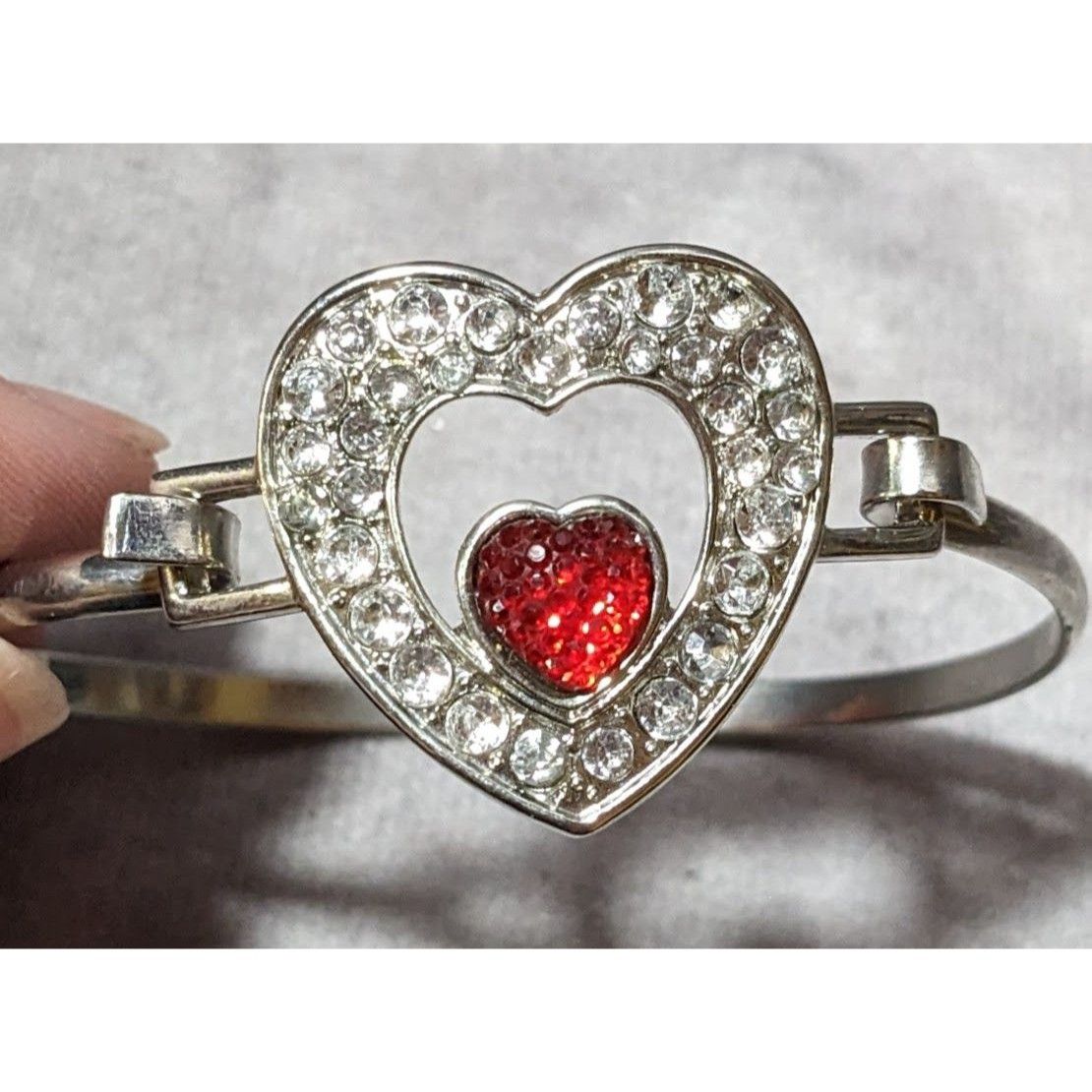 Other Silver And Red Gemmed Heart Bangle Bracelet Size ONE SIZE - 6 Thumbnail