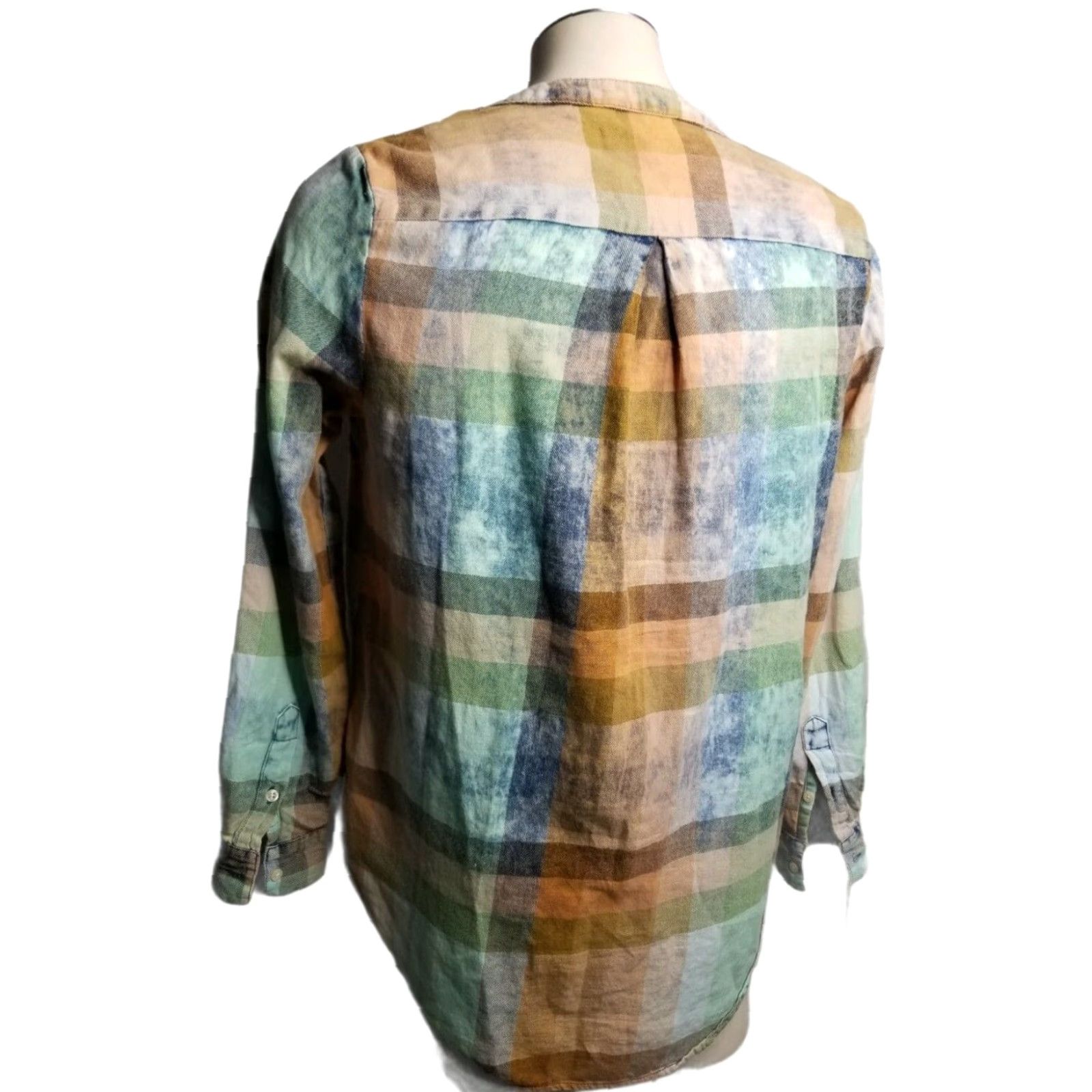 Denime ISABELLE SINCLAIR Women's Plaid Denim Shirt M Long Sleeve V-Neck Bleached Ruffle Boho Size M / US 6-8 / IT 42-44 - 2 Thumbnail