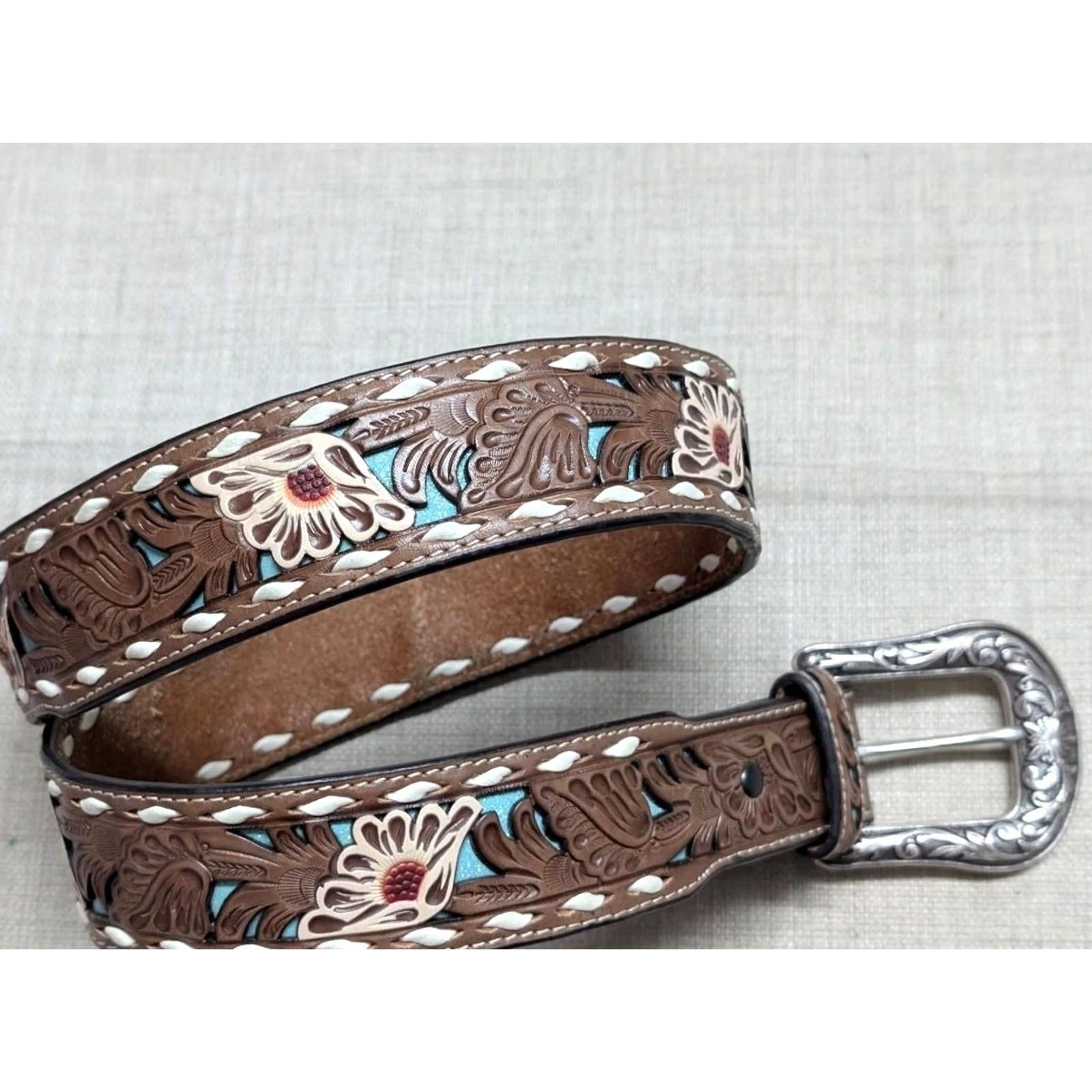 Ariat VINTAGE Ariat Western Belt 34 Leather Tooled Floral Buckle Tapered Brown Men Size 34 - 6 Thumbnail