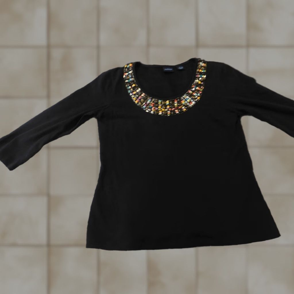 Vintage Westbound Womens Blouse Small Black Pullover Top Embellishments Stretch Paisley Long Sleeve Round Neck Casual Cotton Spandex Ruffle Size S / US 4 / IT 40 - 1 Thumbnail