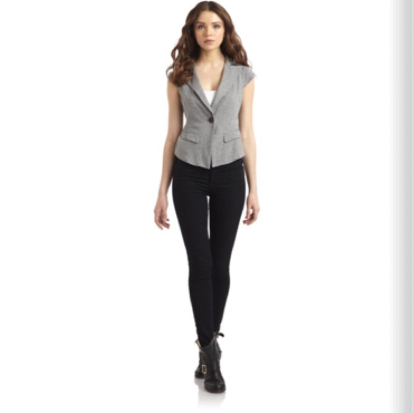 Bcbgmaxazria NWT BCBGMAXAZRIA Gray Knit Cap Sleeve Jacket Size M / US 6-8 / IT 42-44 - 2 Thumbnail