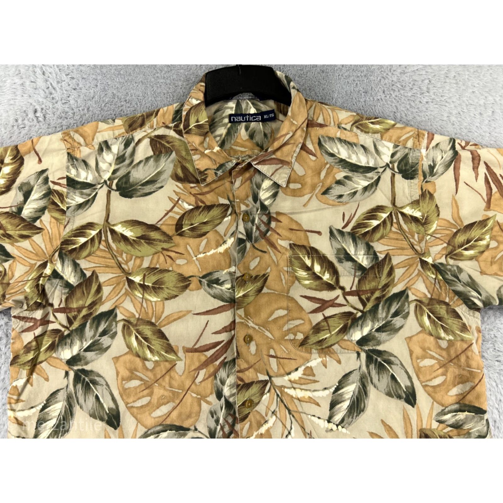 Nautica VINTAGE Nautica Shirt Men XL Beige Green Floral Hawaiian Leaf Pattern Cotton Button-Up Casual, Beach, Aloha, Floral, 90s Mens Size US XL / EU 56 / 4 - 4 Thumbnail