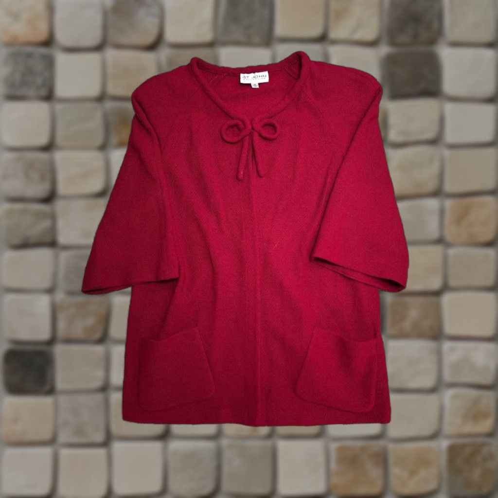Vintage St John Cardigan Sweater Womens 14 Red Raglan Sleeve Bow Knit Tight-Knit Crew Neck Casual Fall Winter Spring Tee? Size XL / US 12-14 / IT 48-50 - 1 Thumbnail