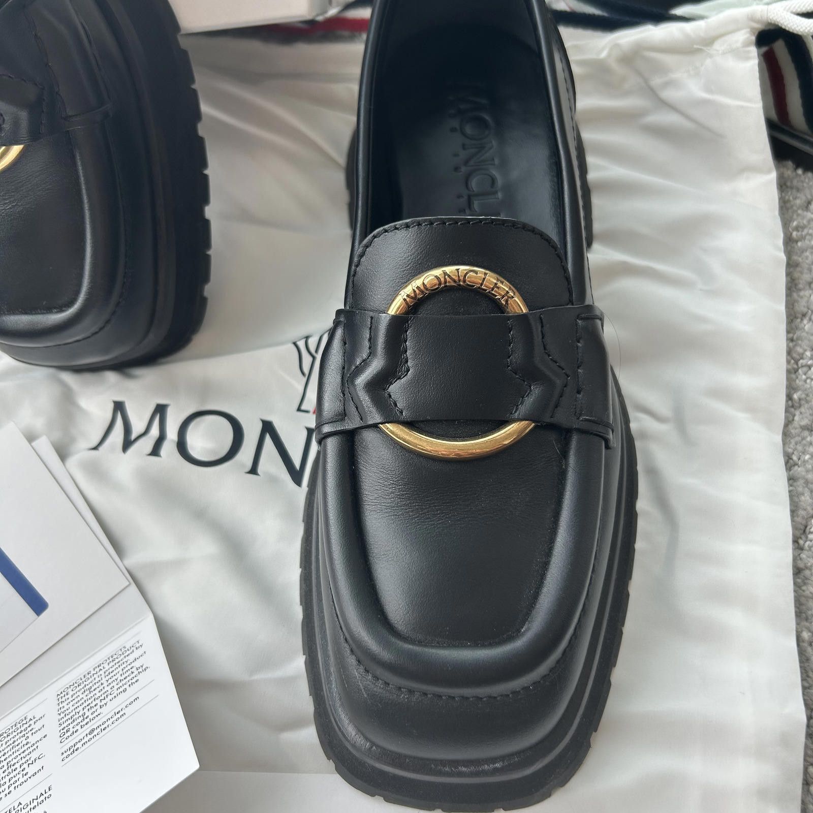 Moncler Moncler Women's Black Leather Loafers with Gold Accent Size US 8 / IT 38 - 3 Thumbnail