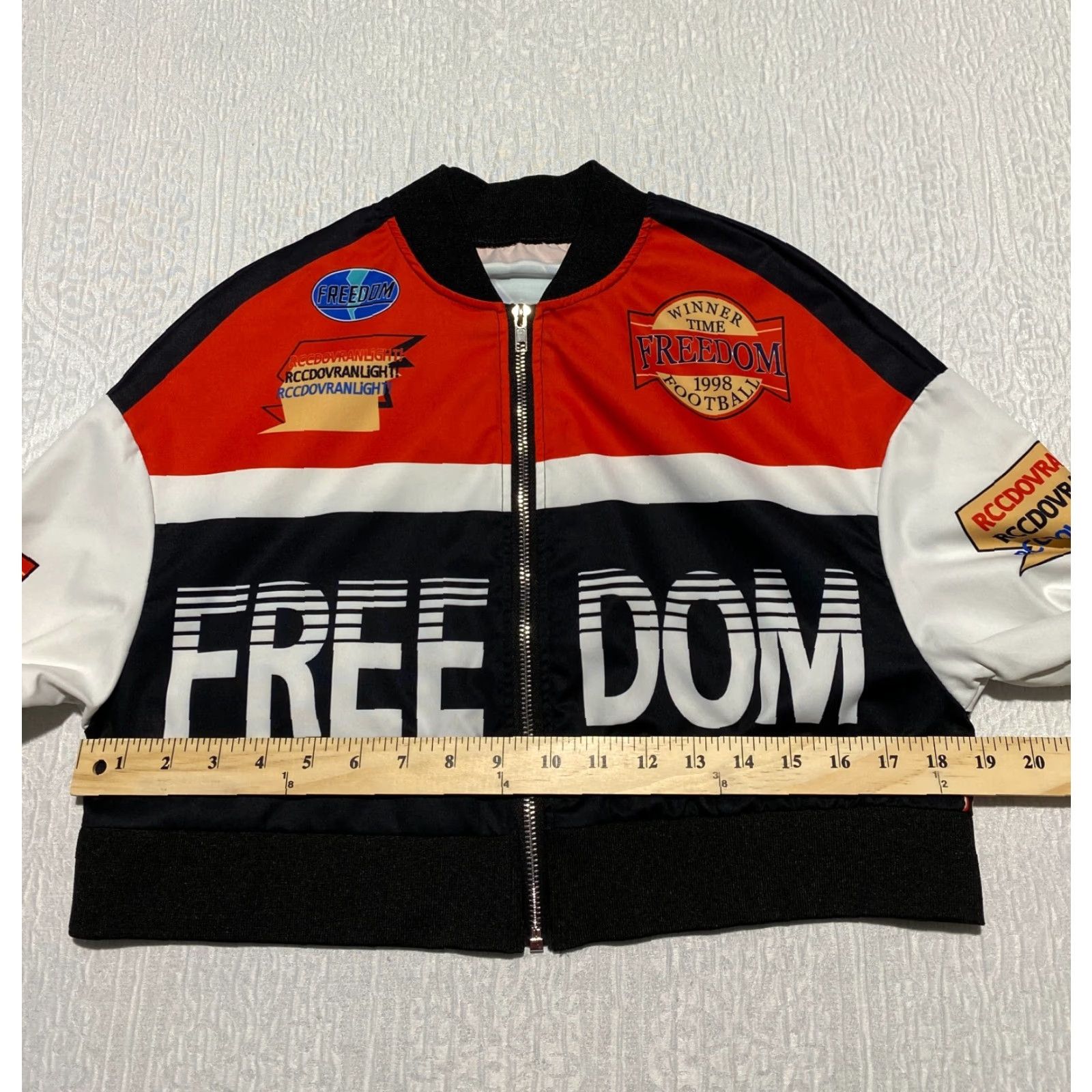 Shein SHEIN Women's ICON Graphic Drop Shoulder Jacket Red White Size M Polyester Bomber Jacket Multicolor Womens M Jacket Size M / US 6-8 / IT 42-44 - 4 Thumbnail