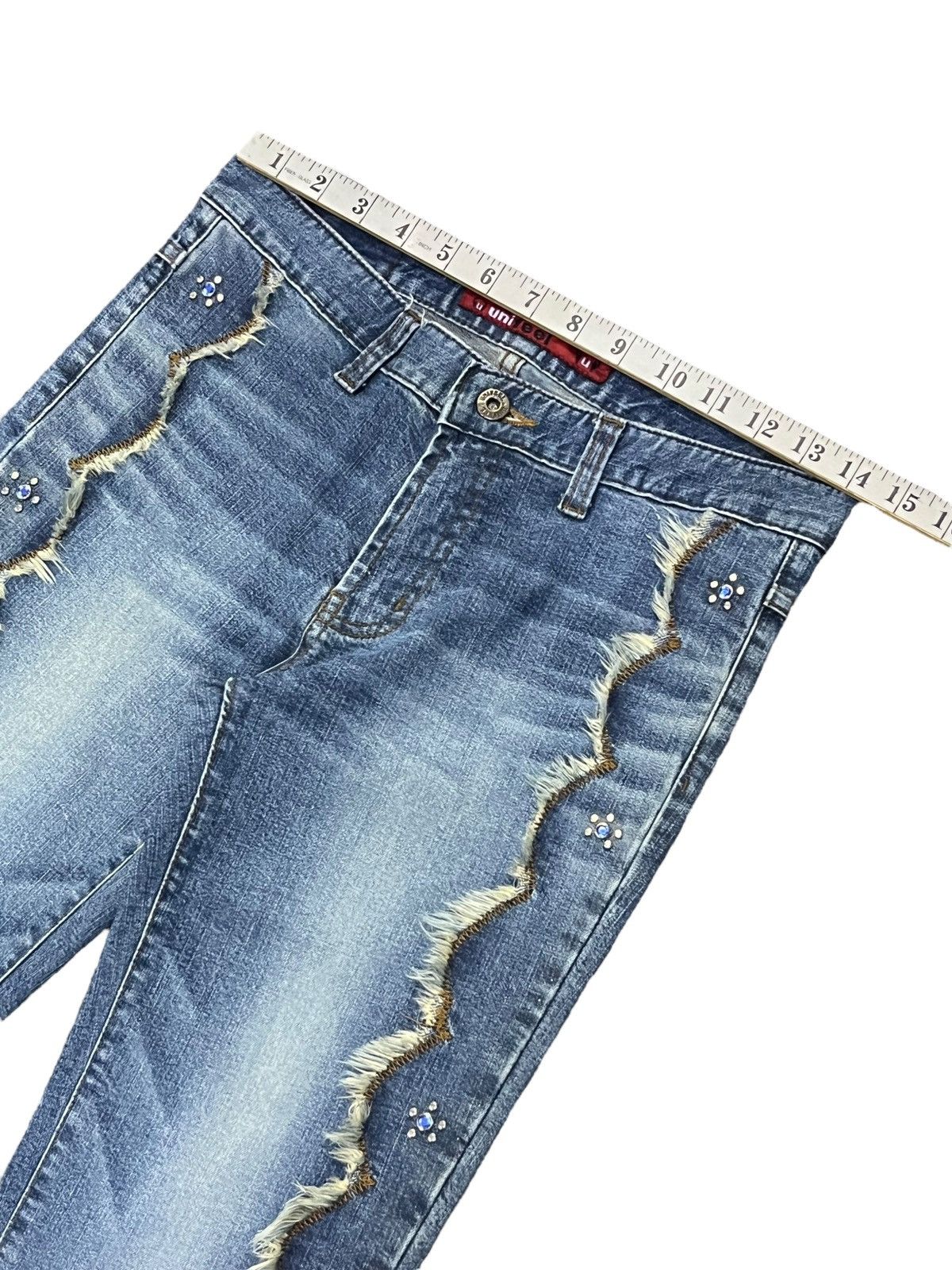 Fragment Design UNIFEEL Gemstones Studded Frayed Stretch Denim Flare Jeans Size 28" / US 6 / IT 42 - 16 Thumbnail