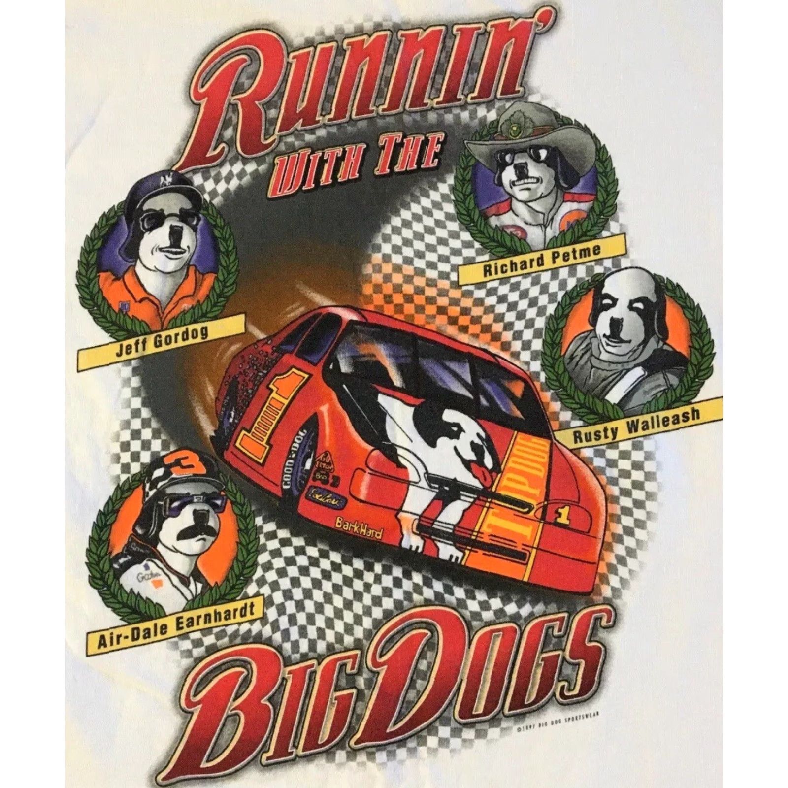 Big Dogs Vtg 90s Big Dogs NASCAR Parody Shirt M Dale Earnhardt Joke Race Car Funny Grunge Shirt Mens White USA Cars Humor Retro NASCAR Parody Tee Size US M / EU 48-50 / 2 - 3 Thumbnail