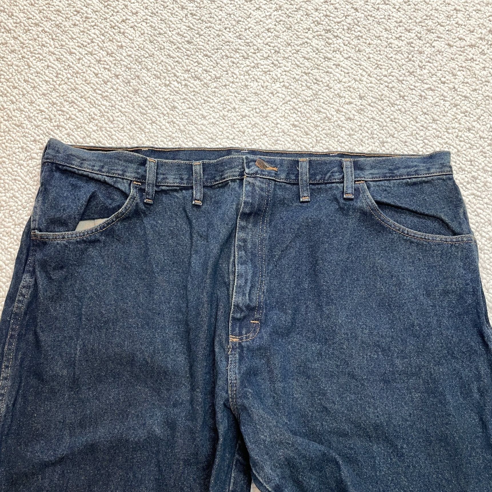 Denime Rustler Jeans Mens 44 x 32 Blue Dark Denim Straight Leg Relaxed Regular Waist 44 In 5-Pocket Design Zip Closure Cotton Vintage No Size US 44 / EU 60 - 6 Thumbnail