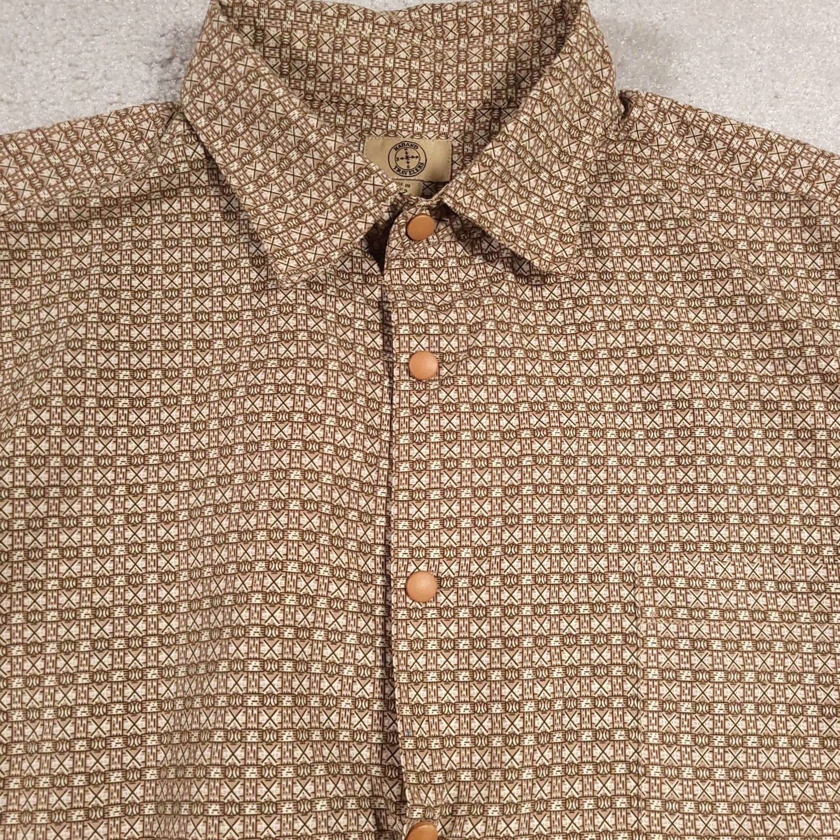 Haband Haband Travelers Shirt Mens XL Snap Front Camp Shirt Tan Geometric Print Outdoor Size US XL / EU 56 / 4 - 4 Thumbnail