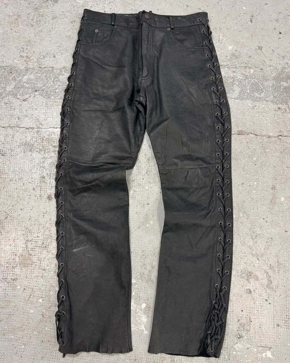 Vintage 1990s Archive Black Leather Laced Pants Size US 33 - 1 Thumbnail