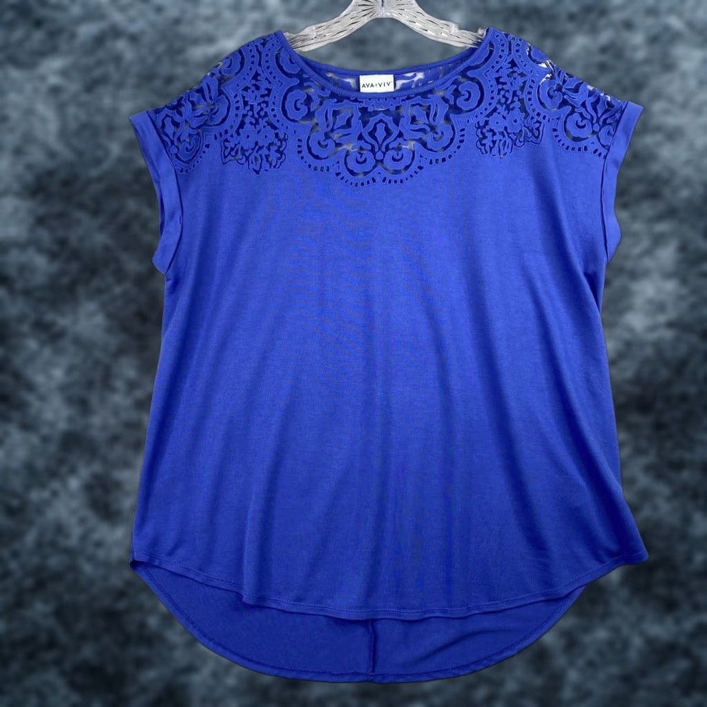 Vintage Ava & Viv Top Womens 1X Blue Embroidered Burnout Cap Short Sleeve Boho Stretch Size XL / US 12-14 / IT 48-50 - 1 Thumbnail