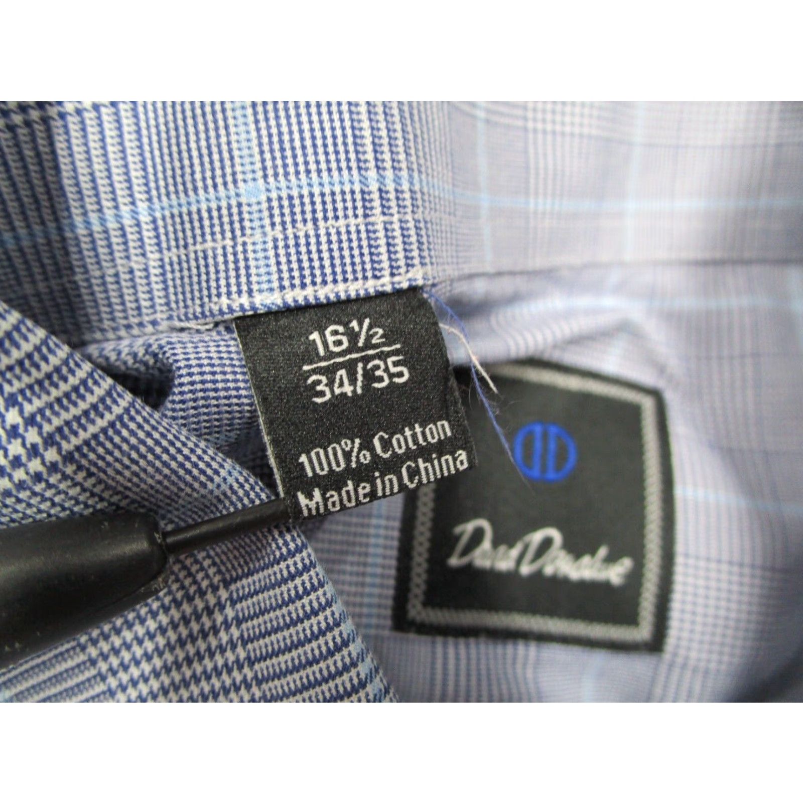 David Donahue David Donahue Mens Blue Houndstooth Dress Shirt 16.5 34 Long Sleeve Button Up Cotton Size 34R - 4 Thumbnail