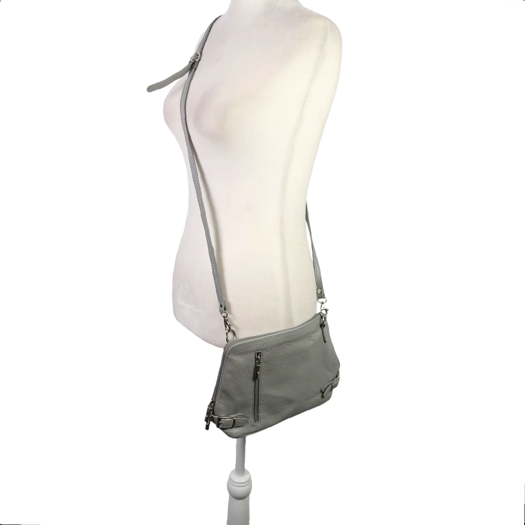 Vintage VINTAGE Light Grey Leather Crossbody Bag Purse Made in Italy Gray Leather Small Women Zip Crossbody Casual 10" 7" Size ONE SIZE - 3 Thumbnail