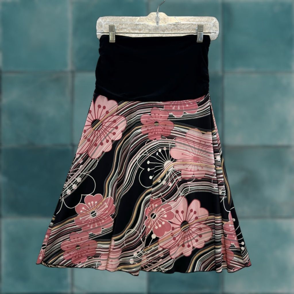 Vintage VINTAGE Y2K Midi Skirt S Pink Floral Grunge Boho Fairy Slinky Black Size 28" / US 6 / IT 42 - 1 Thumbnail