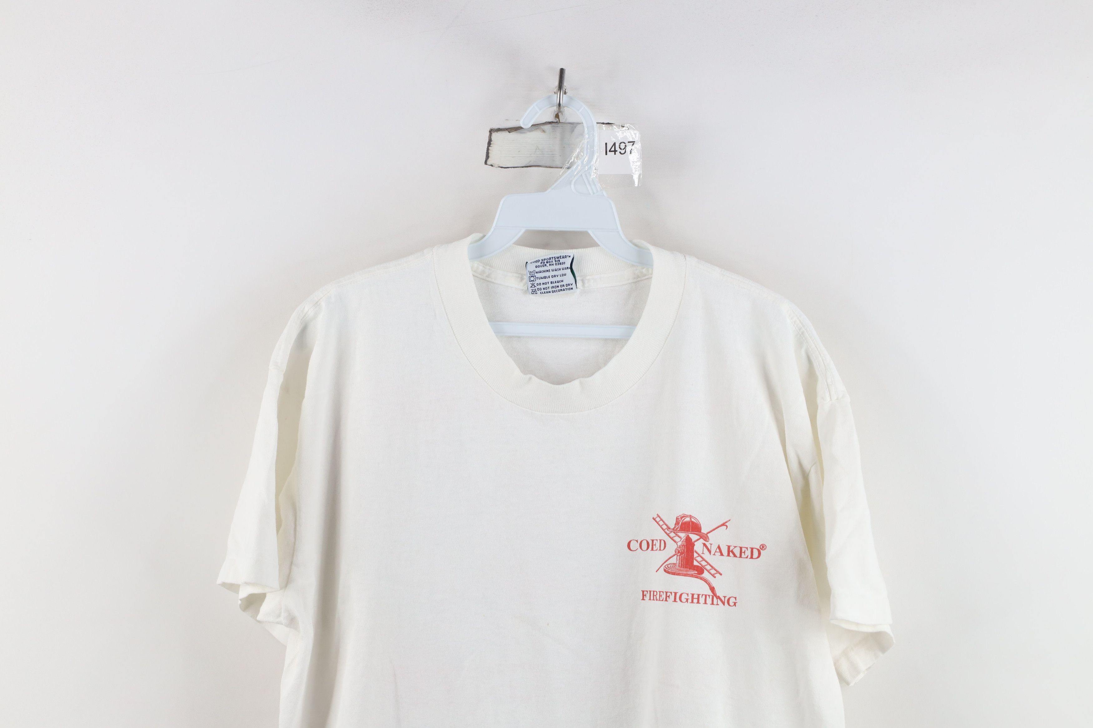 Vintage Vintage 90s Streetwear Naked Firefighting T-Shirt White USA Size US L / EU 52-54 / 3 - 2 Thumbnail