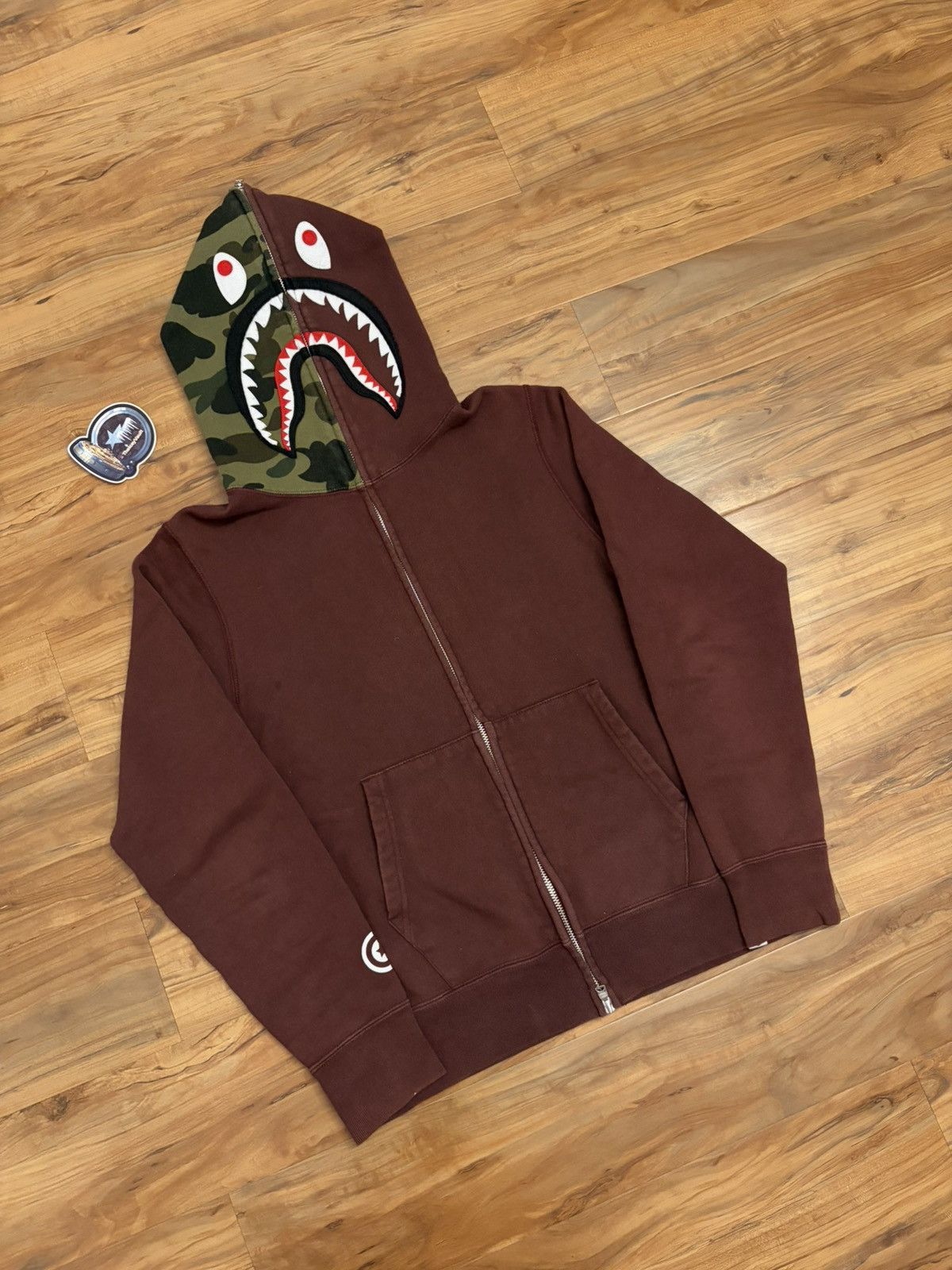 Bape Bape Burgundy / Green Camo Shark Full Zip Hoodie Size US S / EU 44-46 / 1 - 2 Thumbnail