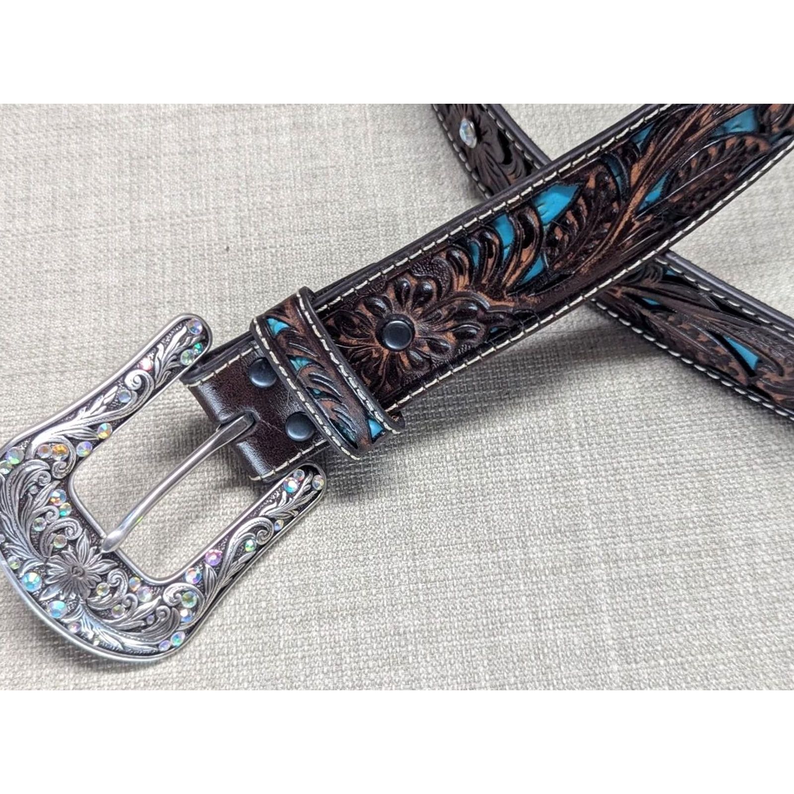 Ariat VINTAGE Ariat belt Western tooled leather 30 rhinestone studded brown belt Mens 30 Size 30 - 3 Thumbnail