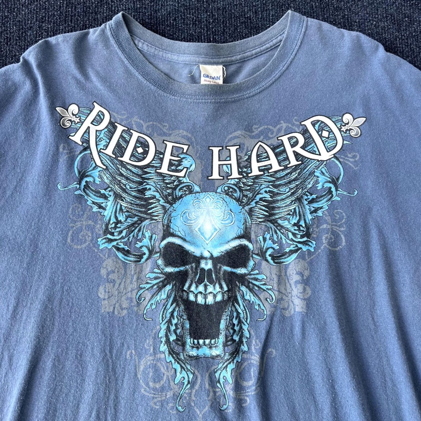 Gildan Ride Hard Shirt Mens 2XL Blue Skull Wings Biker Graphic Tee Gildan Heavy Cotton Size US XXL / EU 58 / 5 - 2 Thumbnail