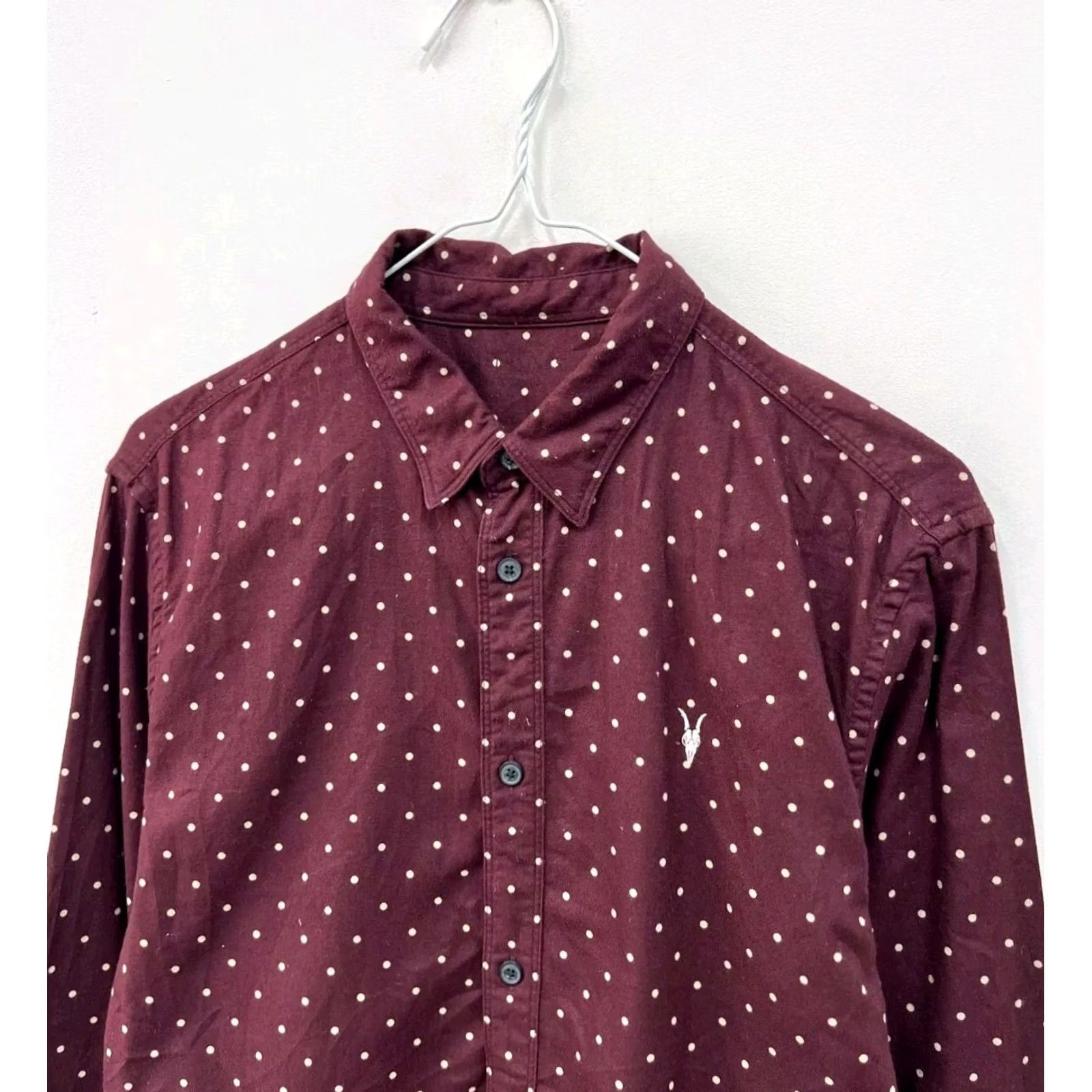 Allsaints AllSaints Polka Dot Shirt S Mens Burgundy Cotton Button-Up Long Sleeve Size US S / EU 44-46 / 1 - 2 Thumbnail
