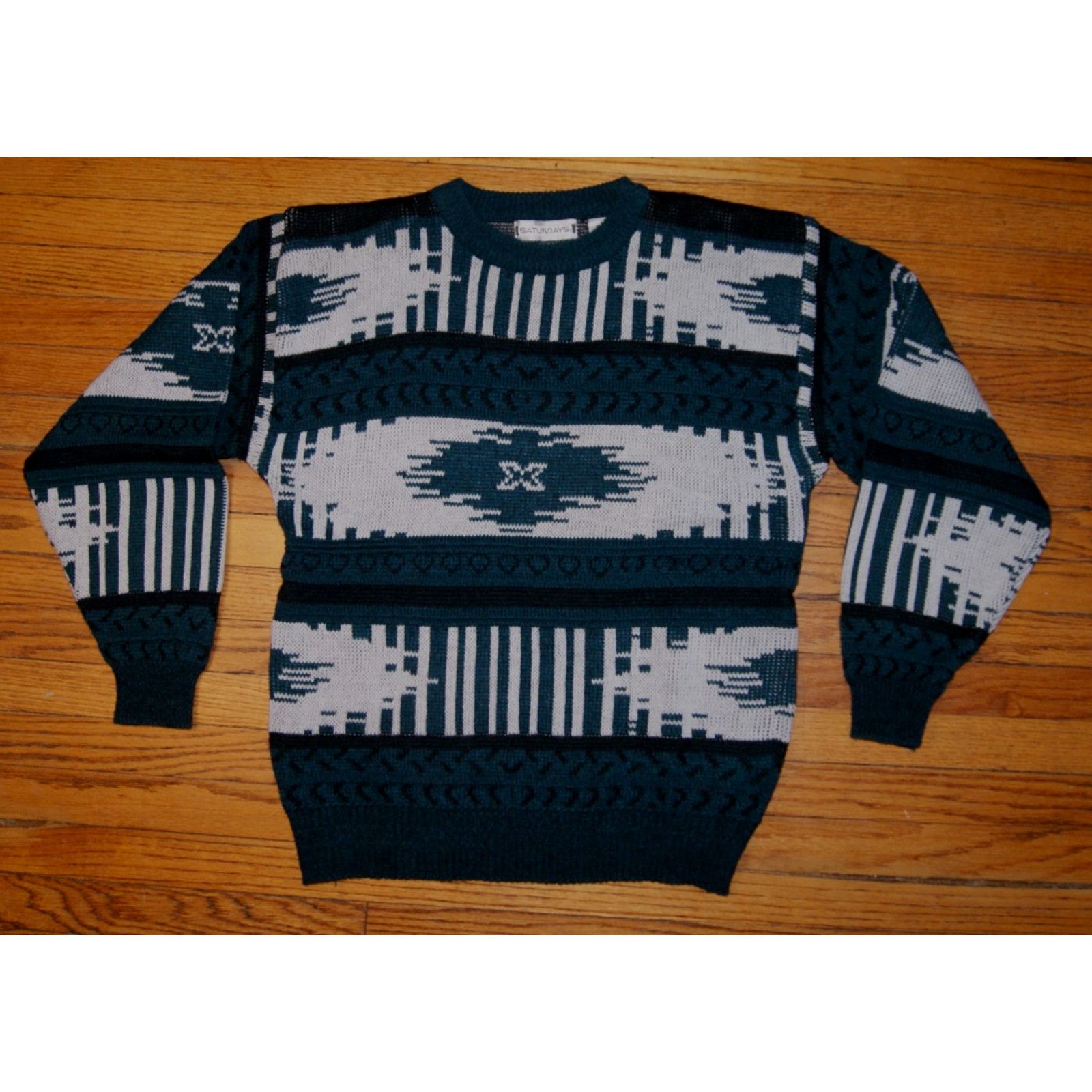 Vintage VTG Sweater Men L Teal Black Ivory Crewneck Geometric Modern Size US L / EU 52-54 / 3 - 1 Thumbnail