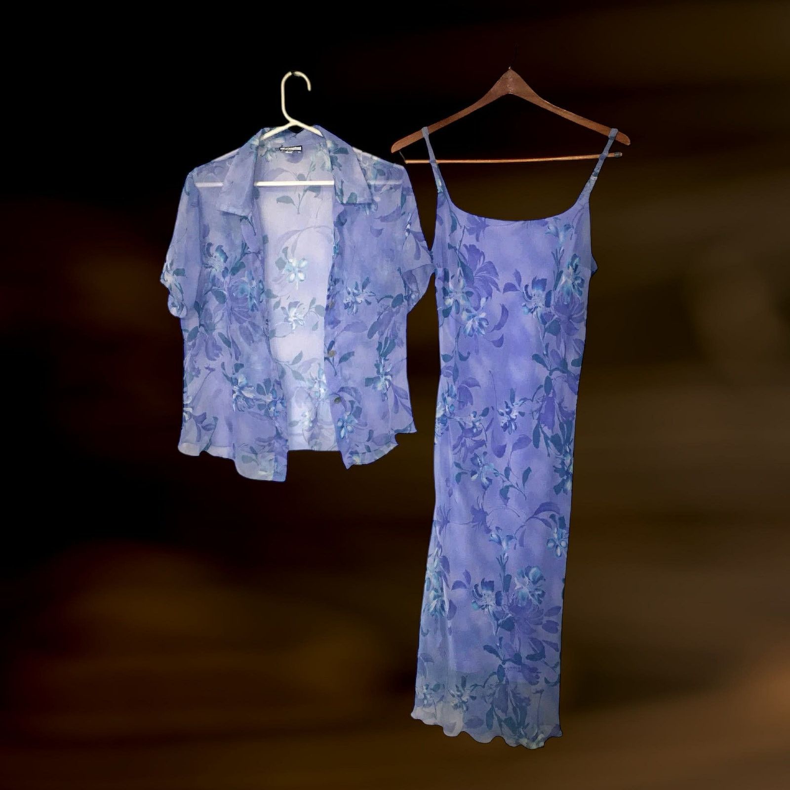 Other Y2K Blue Floral Sheer Maxi Dress Flutter Sleeveless w/ Shawl Size L / US 10 / IT 46 - 3 Thumbnail