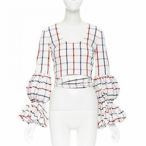 Rosie Assoulin new ROSIE ASSOULIN SS18 white checked seersucker puff sleeve wrap top US0 XS Size XS / US 0-2 / IT 36-38 - 1 Thumbnail